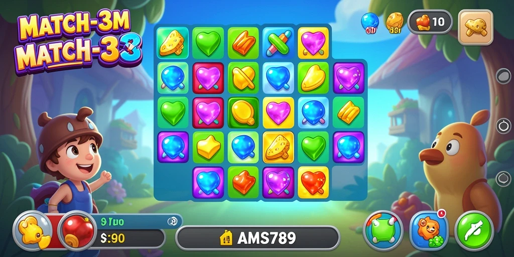 Screenshot gameplay menunjukkan kombinasi warna cerah dari Match-3.