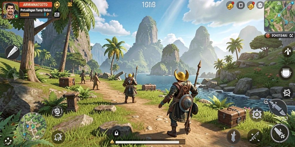 Tangkapan layar gameplay ARWANATOTO menampilkan petualangan mendalam di dunia terbuka.