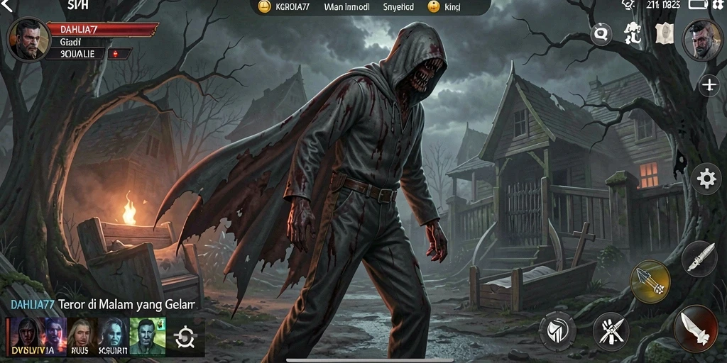 Tampilan gameplay menyeramkan dari DAHLIA77 saat karakter menjelajahi kegelapan.