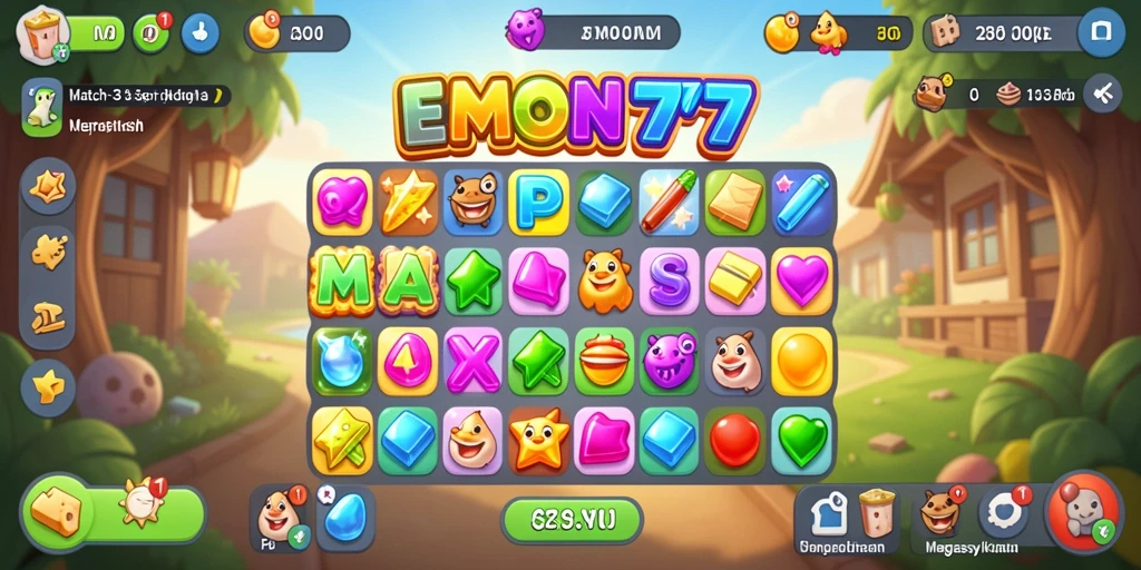 Tampilan gameplay seru dan menantang di EMON777, dengan match-3 penuh warna.