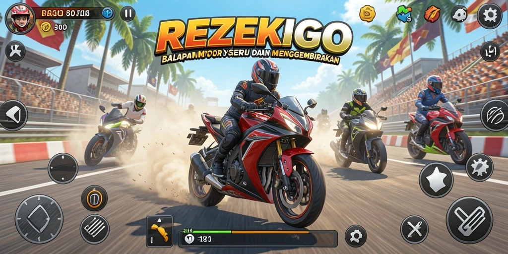 Tampilan gameplay seru dalam balapan motor di REZEKIGO.