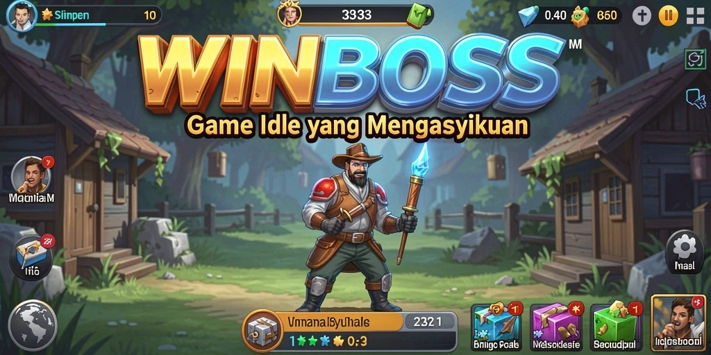 Screenshot gameplay WINBOSS menunjukkan karakter dan aktivitas bisnis yang seru.